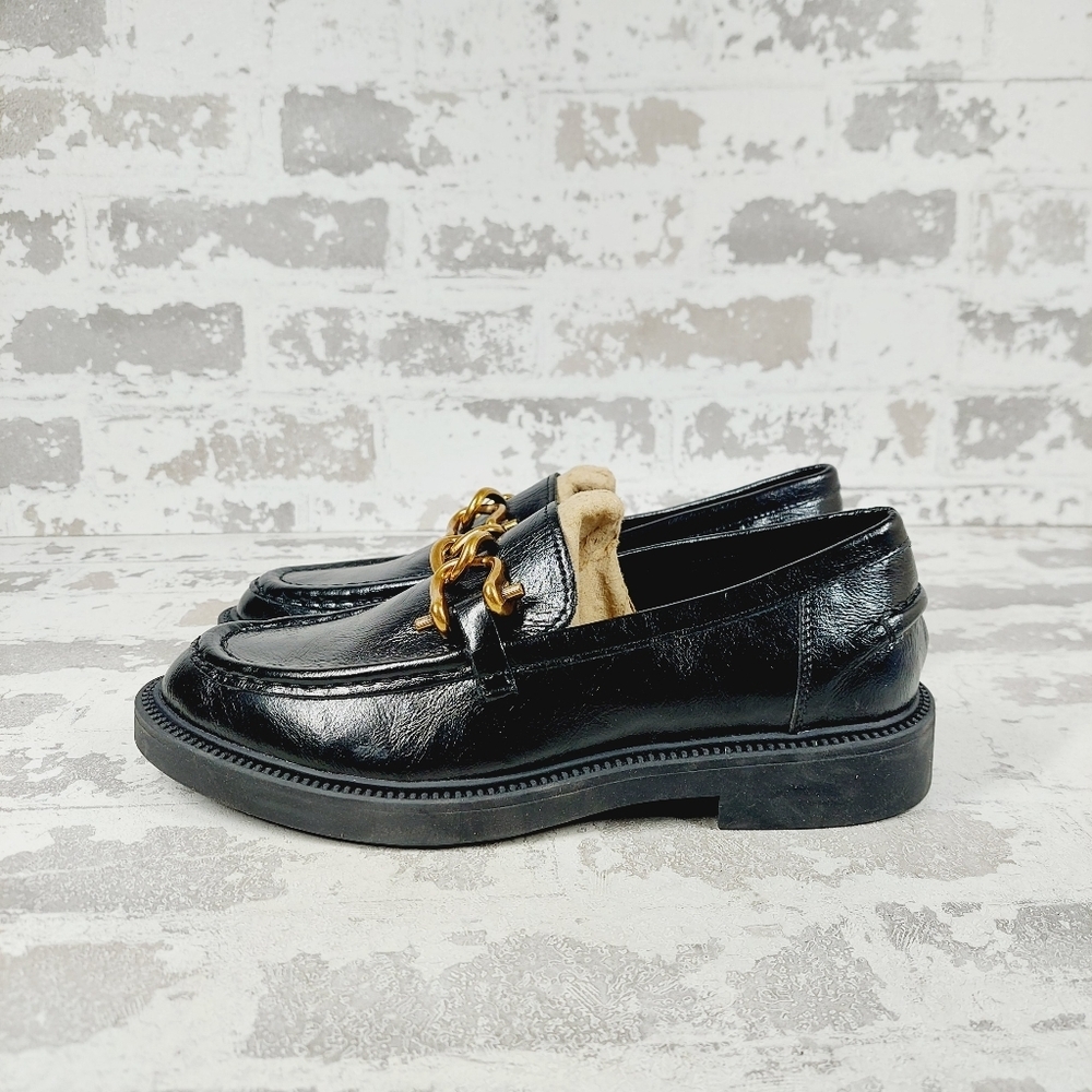 Steve Madden Black Leather Loafers with Gold Chain Accent